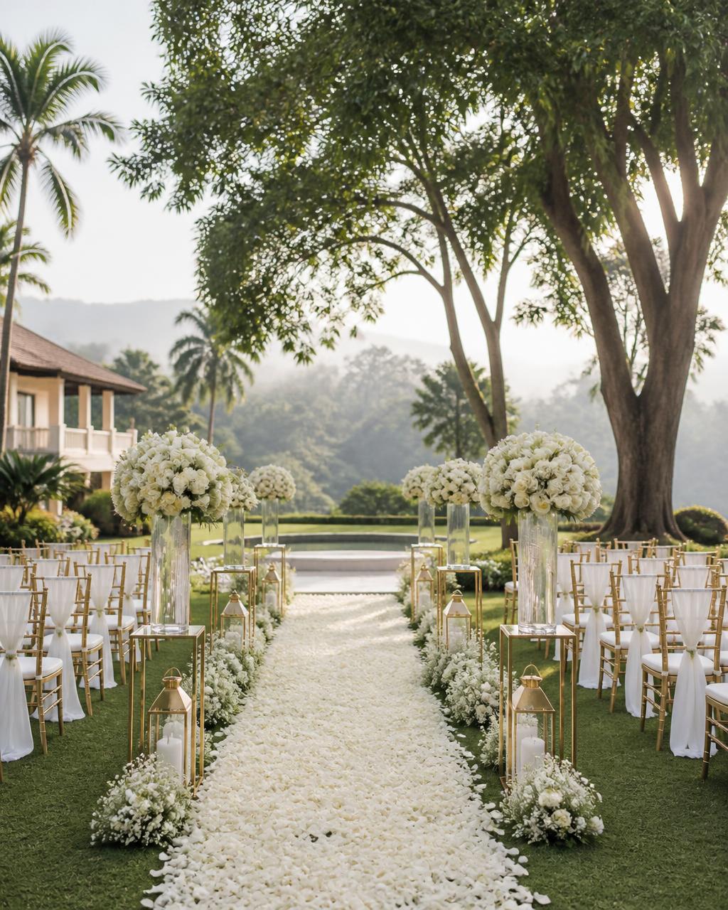 Ivory petal aisle and floral arrangements on the resort lawn at Spring Hill Resort